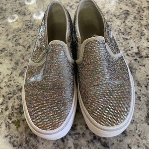 Vans silver glitter slip on shoes